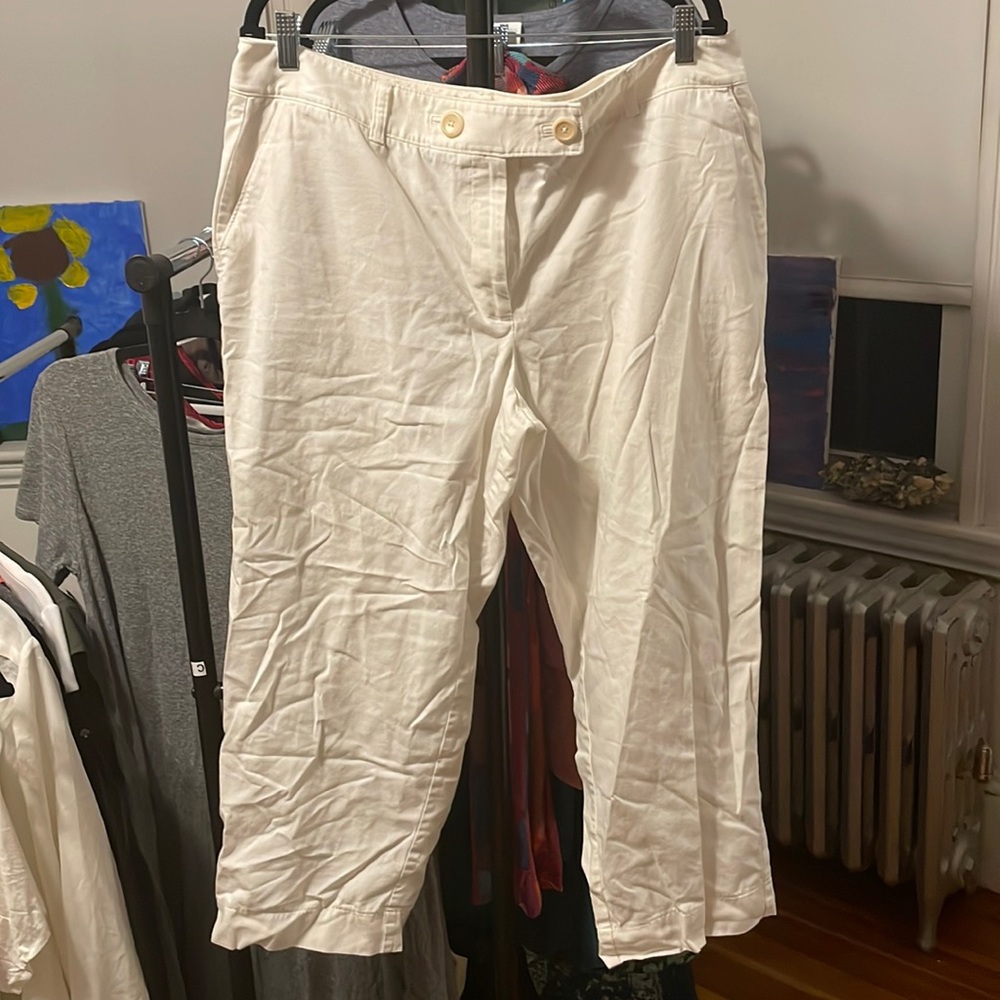 Talbot’s cropped pants with double button front and slight stretch in near white